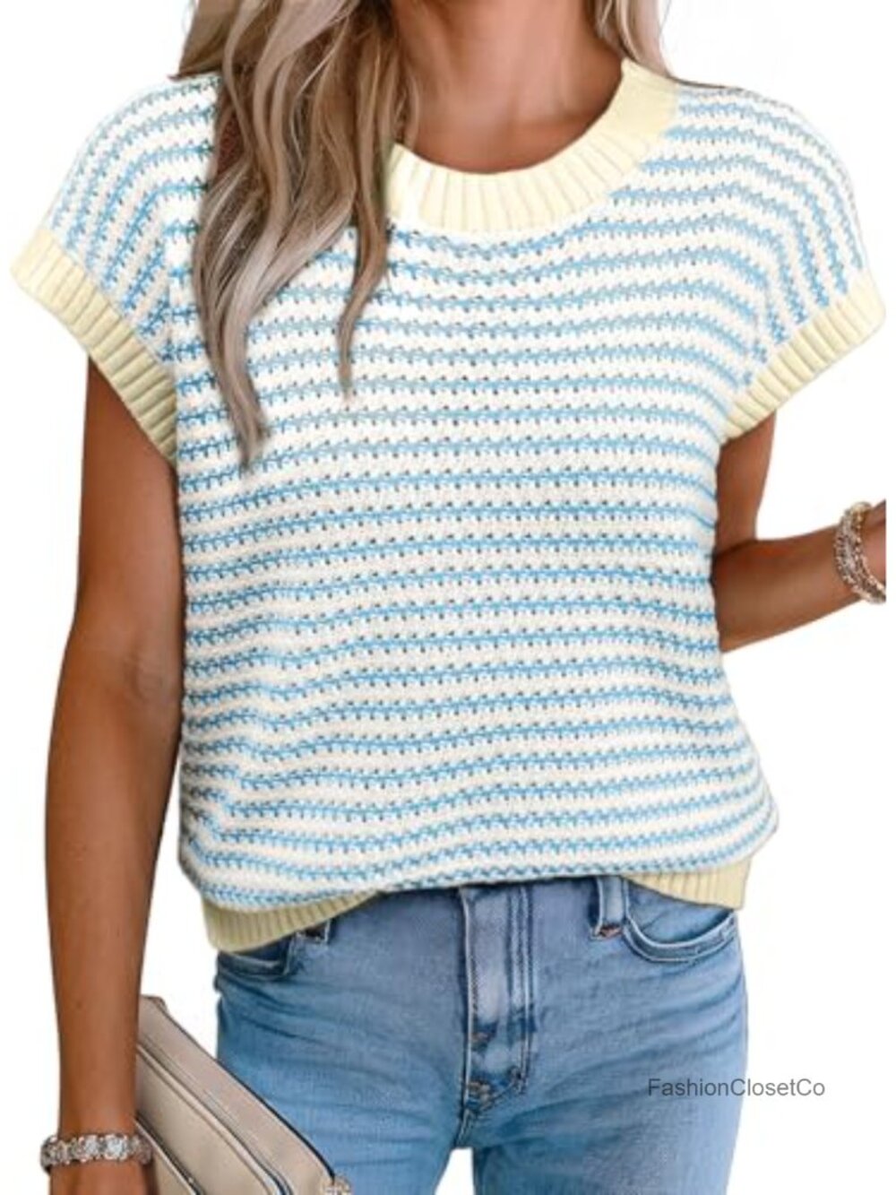 Cap Sleeve Striped Sweater Vest Round Neck Ribbed Knit Layering Top